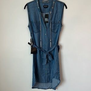 bebe Denim Blue Sleeveless Shirt Dress with Belt
